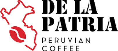 Logo de Café De La Patria con forma de mapa de Perú y grano de café