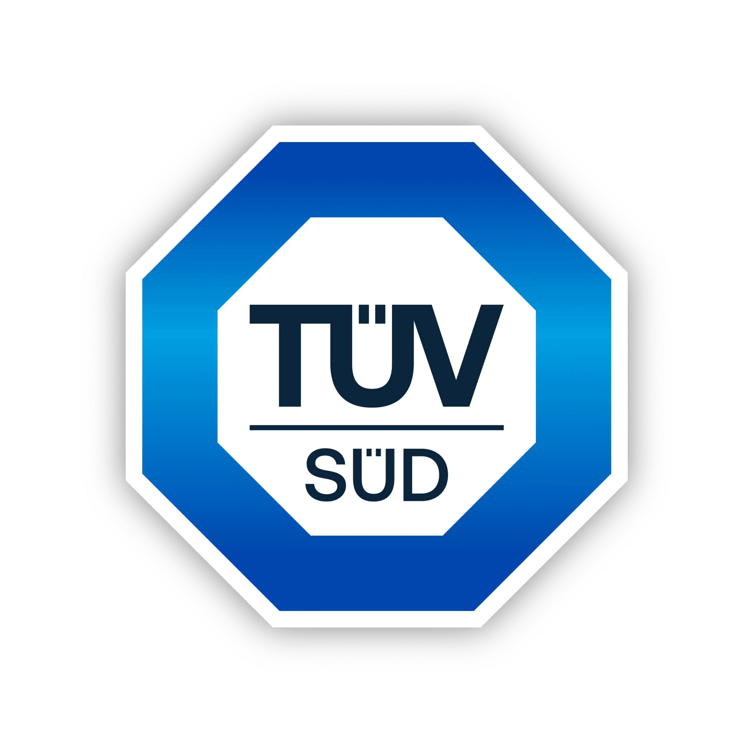 Logo octagonal de TUV SUD en colores azul y blanco
