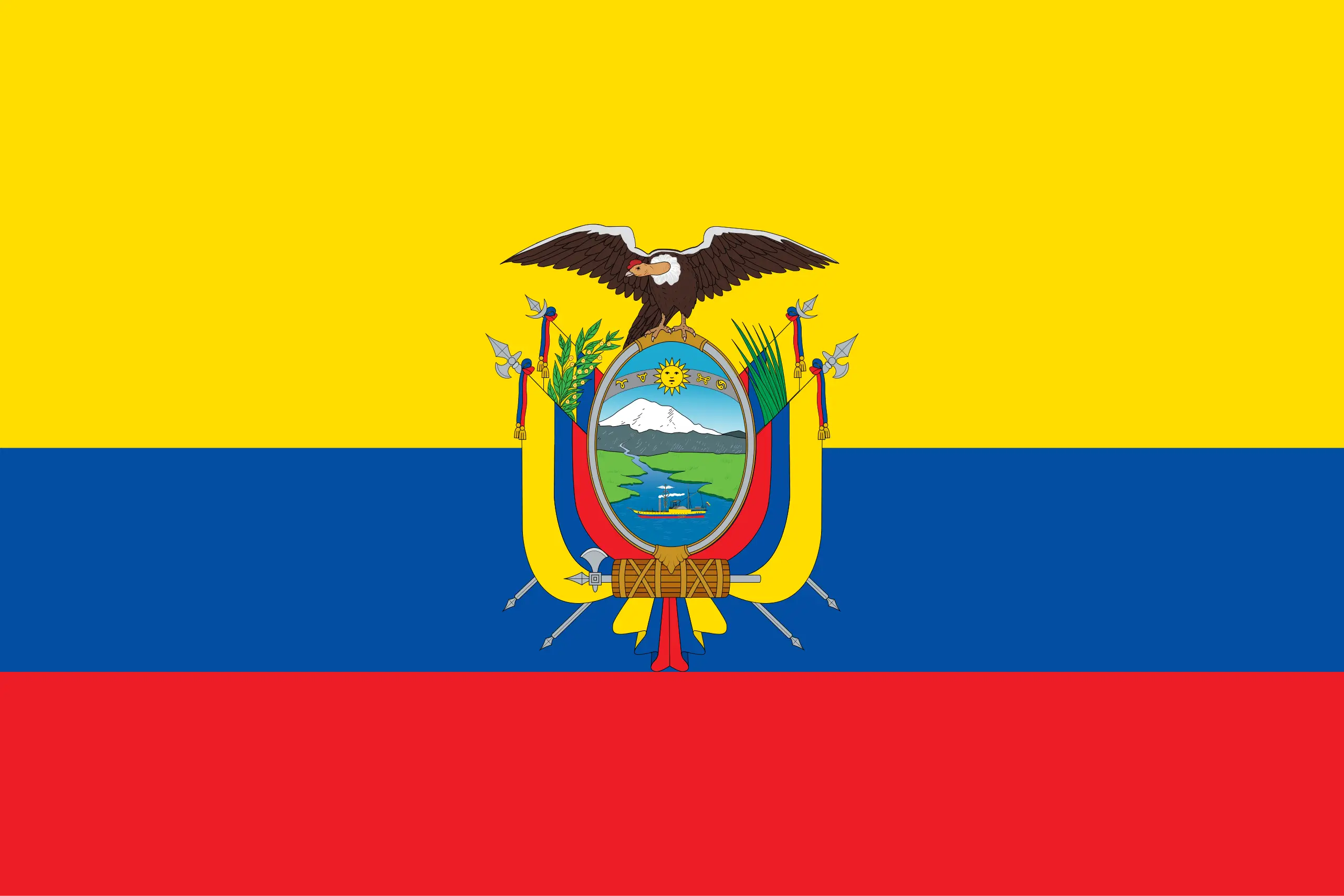 Bandera de Ecuador con sus colores amarillo, azul y rojo, y el escudo nacional en el centro.