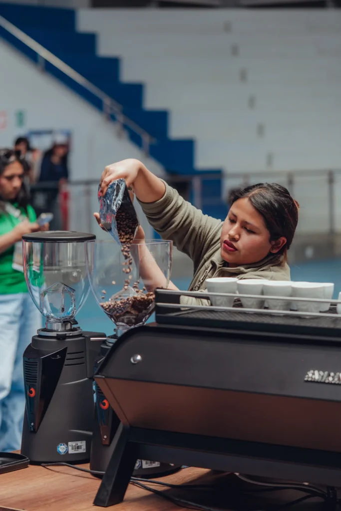 Barista vertiendo granos de café en un molino mientras prepara espresso