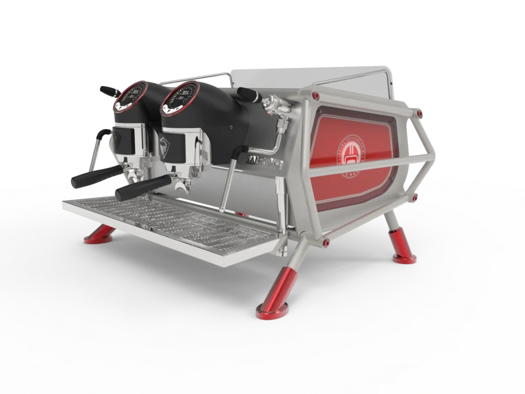 Máquina de café espresso Freedom Steel Red con doble grupo y diseño moderno.