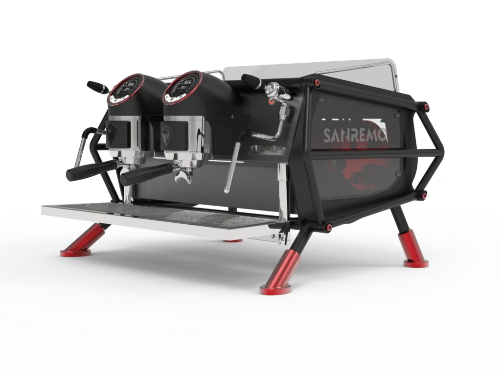 Máquina de café espresso Sanremo CR 2 grupos con diseño moderno en negro y rojo