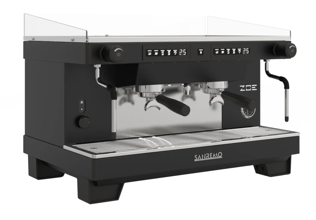 Máquina de café espresso Sanremo ZOE 2 grupos con diseño moderno y controles digitales.