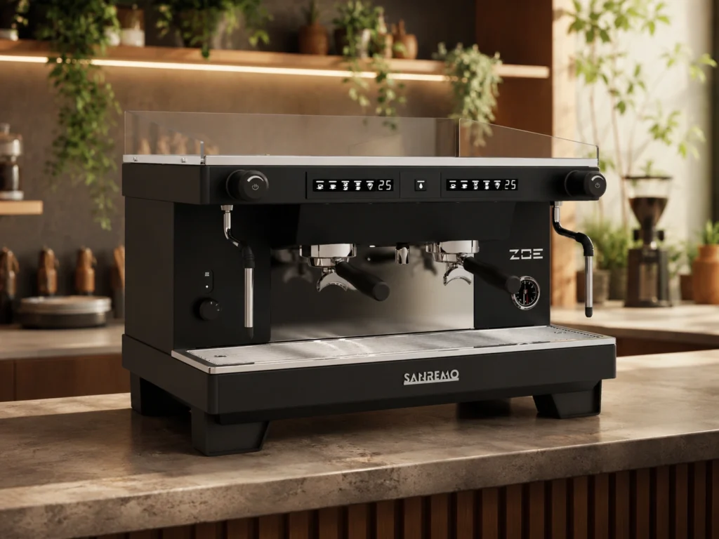 Cafetera profesional SANREMO en una cafetería moderna como símbolo de inversión inteligente, durabilidad y sostenibilidad.
