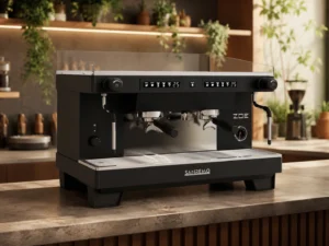 Cafetera profesional SANREMO en una cafetería moderna como símbolo de inversión inteligente, durabilidad y sostenibilidad.