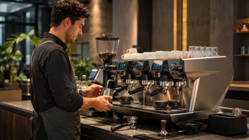 Ergonomía barista en una estación de café con máquina espresso profesional