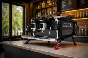Máquina espresso Sanremo Café Racer en una barra de cafetería de especialidad con diseño minimalista y enfoque en la experiencia del cliente