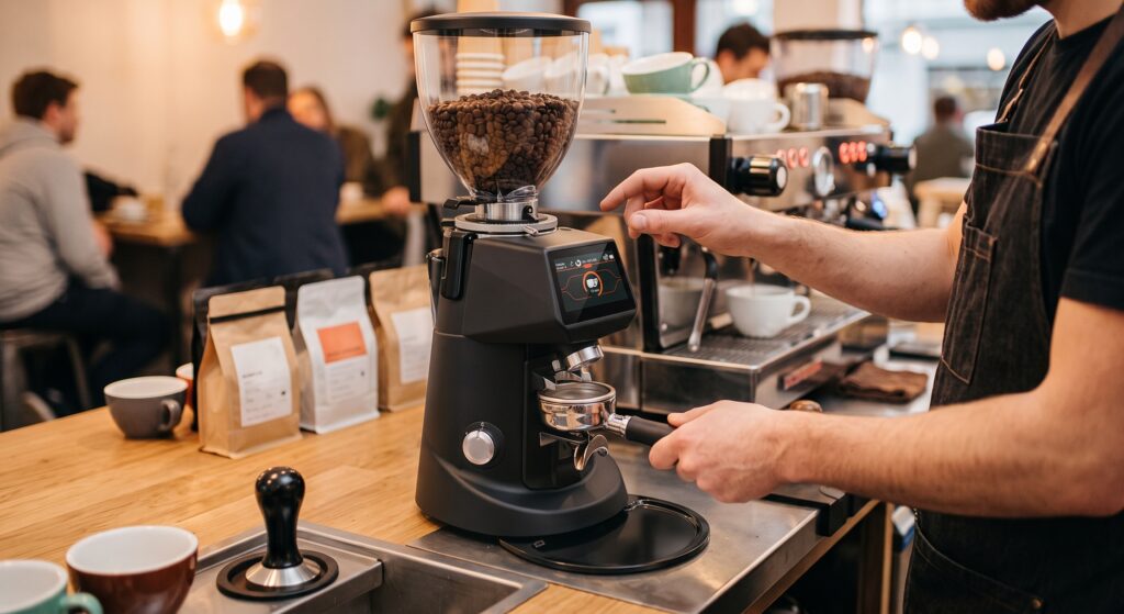 Molino de café profesional de la marca Fiorenzato preparado para moler espresso